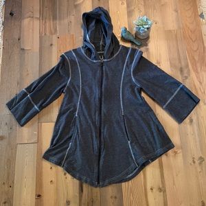 Lur Recycled Gray Full Zip Up Hoodie Large 3/4 Sleeve Pockets Tunic length